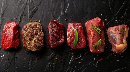 Close-up shot of different horse steak cuts, emphasizing their individual characteristics and suitability for varied cooking styles, studio lit