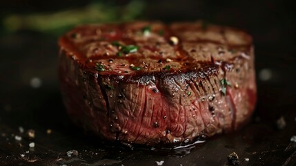 Close-up shot of a tender filet mignon steak, focusing on its mild flavor and minimal fat, presented on an isolated background with precise studio lighting