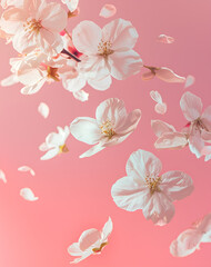 Fresh quince blossom, beautiful pink flowers falling in the air isolated on pink background