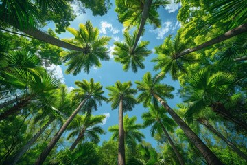 Fototapeta premium Palm Tree Forest in Tropical Paradise: Lush greenery with clear blue skies