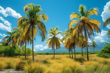 Fototapeta premium Palm Tree Forest in Tropical Paradise: Lush greenery with clear blue skies