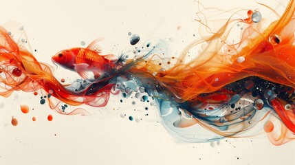 An abstract painting featuring a vibrant orange and blue fish swimming gracefully in a dynamic and colorful underwater scene