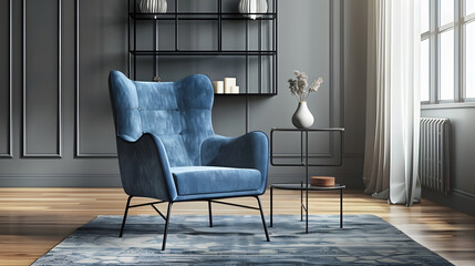 Real photo of a blue wide chair standing on a rug in a spacious living room interior with grey walls and wooden floor next to a shelf and a table : Generative AI
