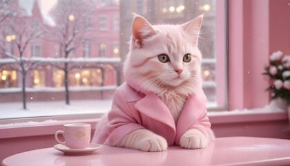 Pastel pink baby cat wearing glitter pink jacket sitting in a cafe , pink luxury cafe theme ,...