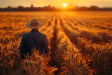Fototapeta premium Back view of a man in a hat observing a wheat field during sunset, illustrating contemplation and agriculture