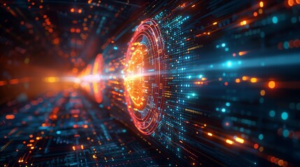 Obraz premium A vibrant depiction of a digital network with glowing data streams and intricate patterns, illuminating a dark background with futuristic and dynamic energy.