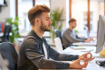 modern office environment, a male IT developer deep in meditation at his desk, his focused expression reflecting the need for stress relief and mental clarity in the tech industry.
