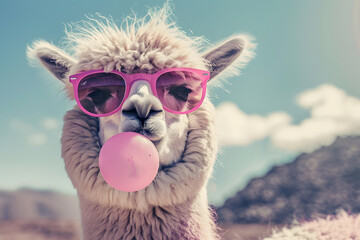 Quirky alpaca wearing pink sunglasses and blowing a bubblegum bubble outdoors
