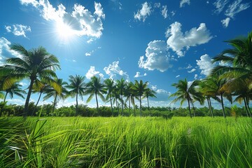 Obraz premium Palm Tree Forest in Tropical Paradise: Lush greenery with clear blue skies