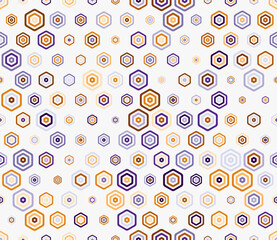 Seamless hexagon pattern with multicolored geometric elements of varied sizes. Features bold, rounded, stacked hexagon cells in a tileable vector illustration.