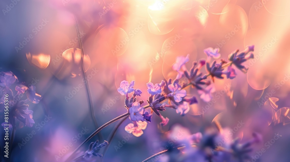 Poster blurred background highlights lavender flowers in evening sunlight