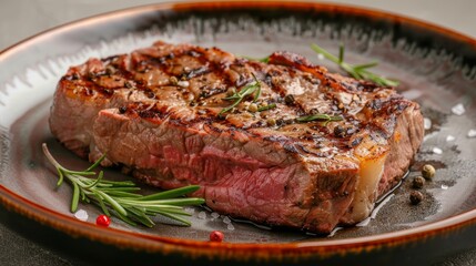 Close-up shot of a pig steak on a decorated plate, capturing the premium cut and gourmet presentation, isolated with precision lighting