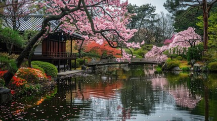 A beautiful Japanese garden with a pond, bridge, and cherry blossoms.