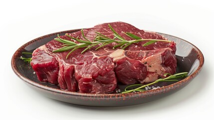 Fototapeta premium Close-up shot of a bison steak, artfully decorated on a plate, showcasing the meat's premium texture and quality, isolated for advertising
