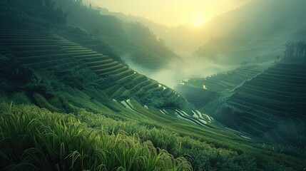 "A beautiful landscape of terraced rice fields in Vietnam with a sunrise over the mountains"