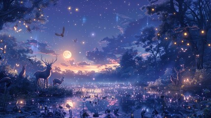 A beautiful painting of a forest at night. There are many stars in the sky, and the moon is shining brightly. There are also many deer and other animals in the forest.