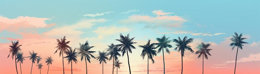 Fototapeta premium The image shows a beautiful sunset over the ocean. The palm trees are silhouetted against the sky. The water is calm and still. The sky looks amazing with gradient color.