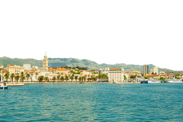 Landscape view of beautiful city by the sea, transparent background. Travel destination idea.