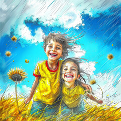 illustration of two children smiling happily in a field of sunflowers on a windy day