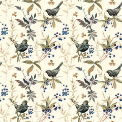 Floral seamless pattern with black bird, branches leaves and viburnum berries, eucalyptus 