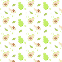 Vector seamless pattern with avocado, avocado slices and green leaves