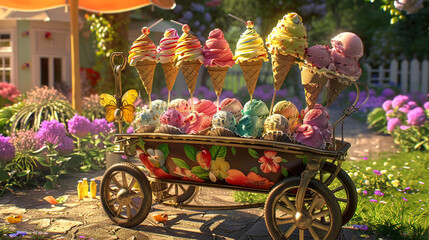 An ice cream social for Children's Day in a community garden, with various flavors being served from a decorative cart.