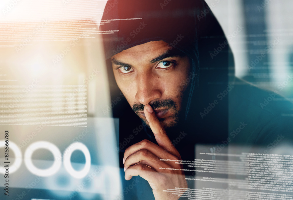 Poster Portrait, hacking and man with laptop, hologram or serious with internet, code or cyber security risk. Face, person or programmer with pc, holographic or blockchain database with silent sign or quiet