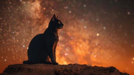 A black cat is sitting on a rock in front of a starry night sky. - Powered by Adobe