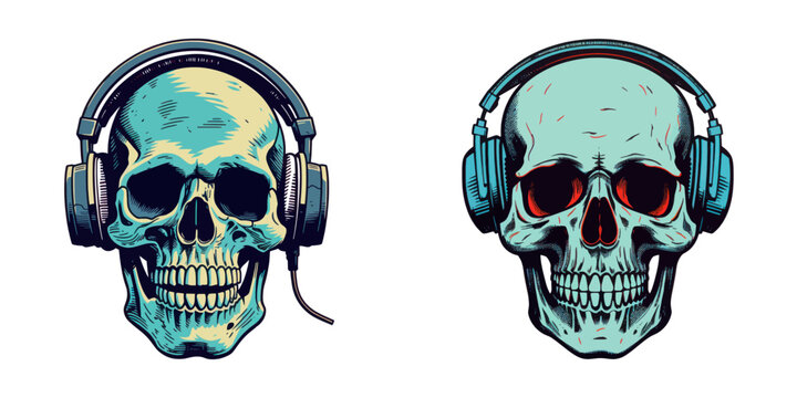 A set of vector illustrations featuring two skulls wearing headphones in different color schemes, depicted in a bold comic style with detailed textures.