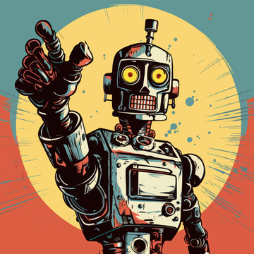 Vector illustration of a quirky, retro robot gesturing upward against a vibrant, sunset-hued background in a vintage comic book style.