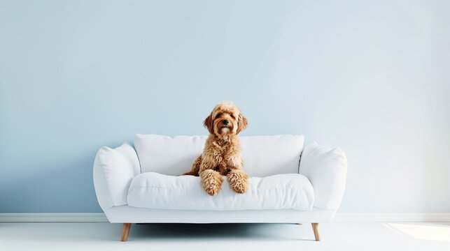 Adorable dog sitting on a white couch in a minimalist living room during the day.