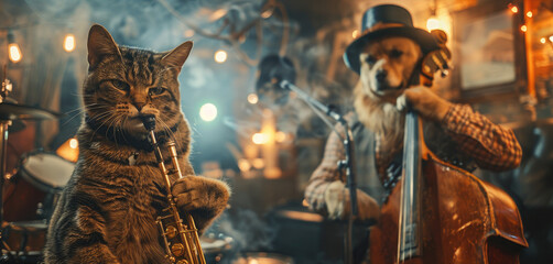 A cat playing the saxophone and a dog playing the double bass in a smoky jazz club.