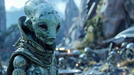 A cinematic portrait of a lone alien standing in a war-torn battlefield.