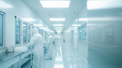 Scientists in full protective suits conduct research in a sterile clean room lab.