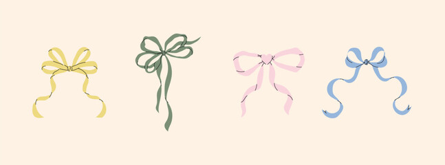 Set of various cartoon bow knots, tie ups, gift bows. Isolated colorful design elements. Wedding celebration, holiday, party decoration, gift, frame, border, present concept. Hand drawn Vector illustr