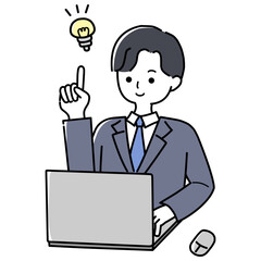 パソコンの前で思いつくスーツ姿の男性
