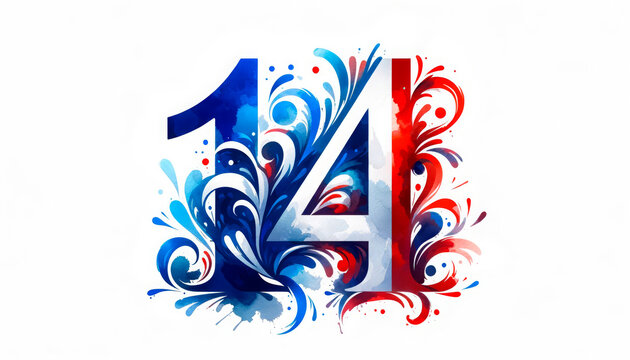 number “14” in a dynamic swirl of French tricolors, blue, white, and red, symbolizing the celebratory spirit of Bastille Day, observed every July 14th as France’s National Day.