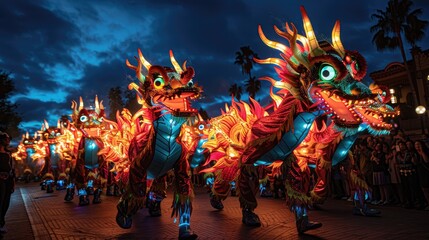 Fototapeta premium A colorful illuminated dragon parade at night