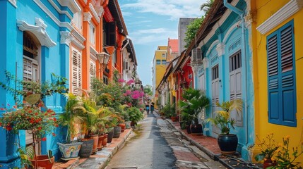 Fototapeta premium A colorful narrow street with blue sky