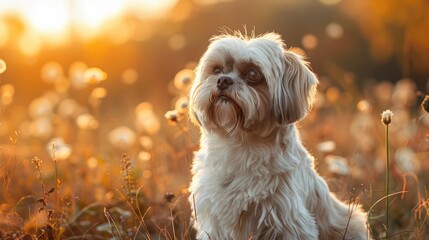 A cute dog is sitting in a field of tall grass. The sun is setting, and the sky is a warm, golden orange. The dog is looking up at the sky, and its eyes are reflecting the light of the setting sun. - Powered by Adobe
