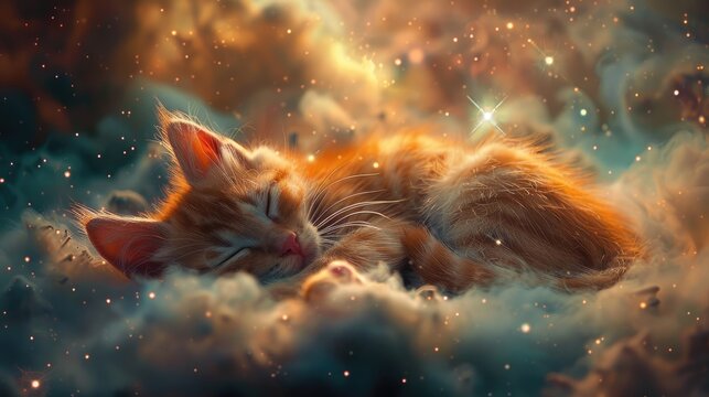A cute cat sleeping on a soft cloud in space.