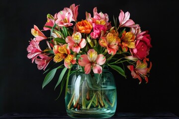 Alstroemeria Blossoms Arranged in Transparent Vase
