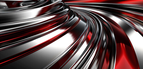 Metallic silver, deep red circles tech assertiveness.