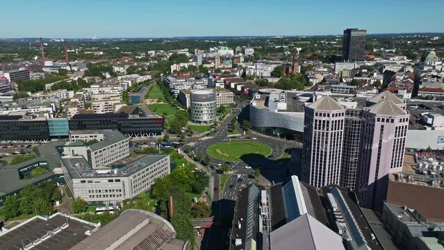 Aerial drone view of Gr&uuml;ne Mitte Essen Park in the city center of Essen, Germany.