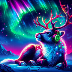 Digital art vibrant colorful reindeer wearing headphones listening to music
