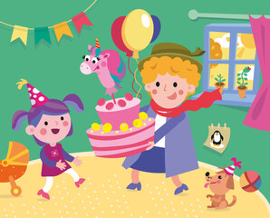 Cute little girl and grandmother. Birthday party. Cartoon characters. Vector illustration, scene for design. 