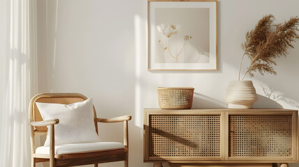 Fototapeta premium Modern composition of living room interior with brown mock up poster frame design retro commode chair etno basket with flower and elegant accessories Template Stylish home staging Japa : Generative AI