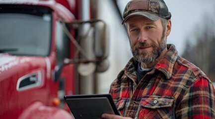 Obraz premium A middle-aged trucker with beard standing next to a red semi-truck, holding a tablet, and looking at the camera