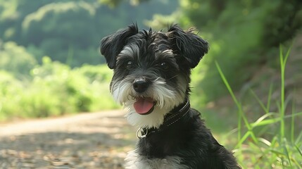 Cheerful Furry Companion Exploring Verdant Outdoor Landscape