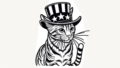 Bengal Cat 4th July Line Art Memorial Day Clip Art Animal Patriotic with American Flag Celebration USA (United State) Art Cute Cartoon For Independence Day